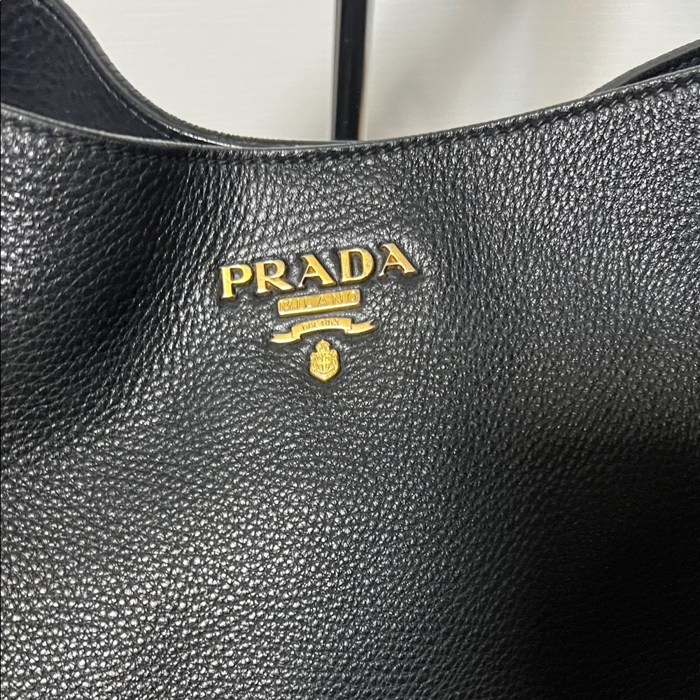 Prada Black Leather Shoulder Bag with Gold Accents - Picture 2 of 11